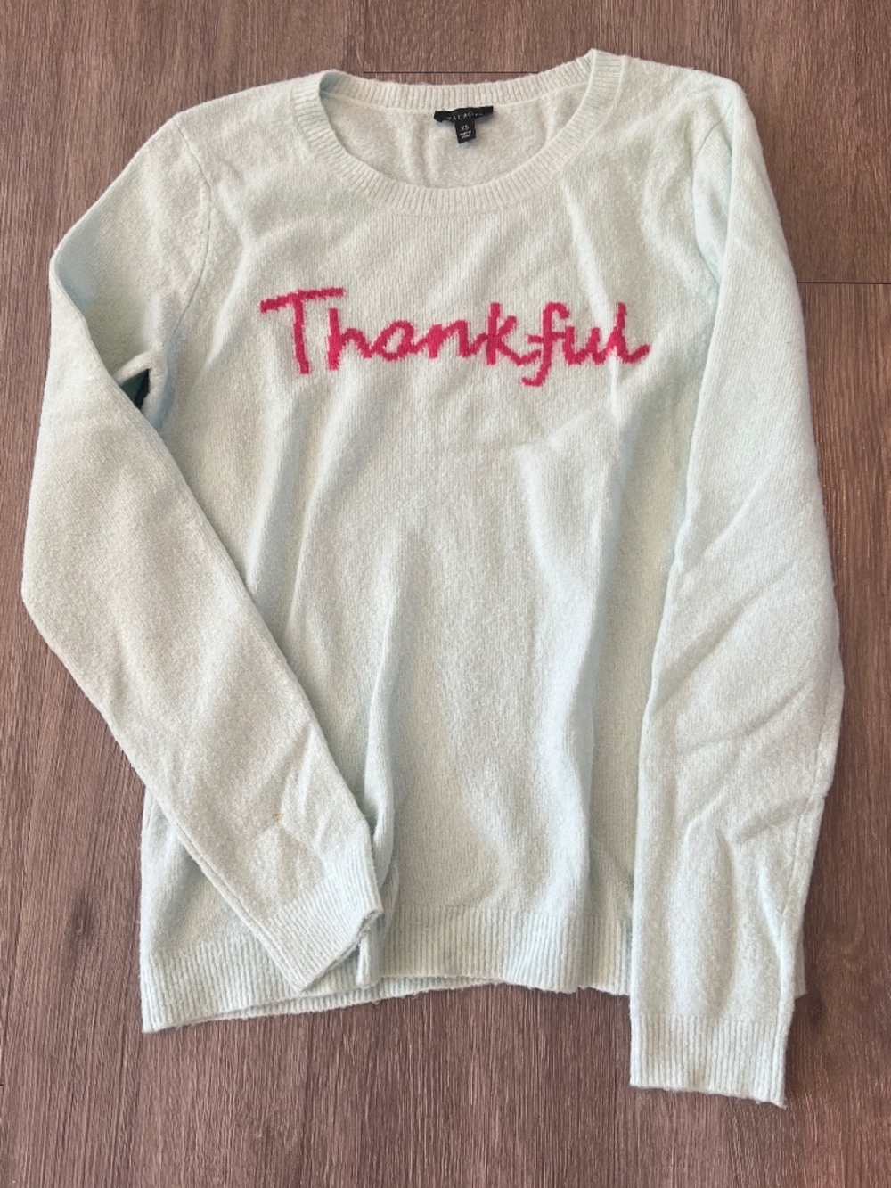 Talbot’s “thankful” light aqua powder blue sweater (XS)